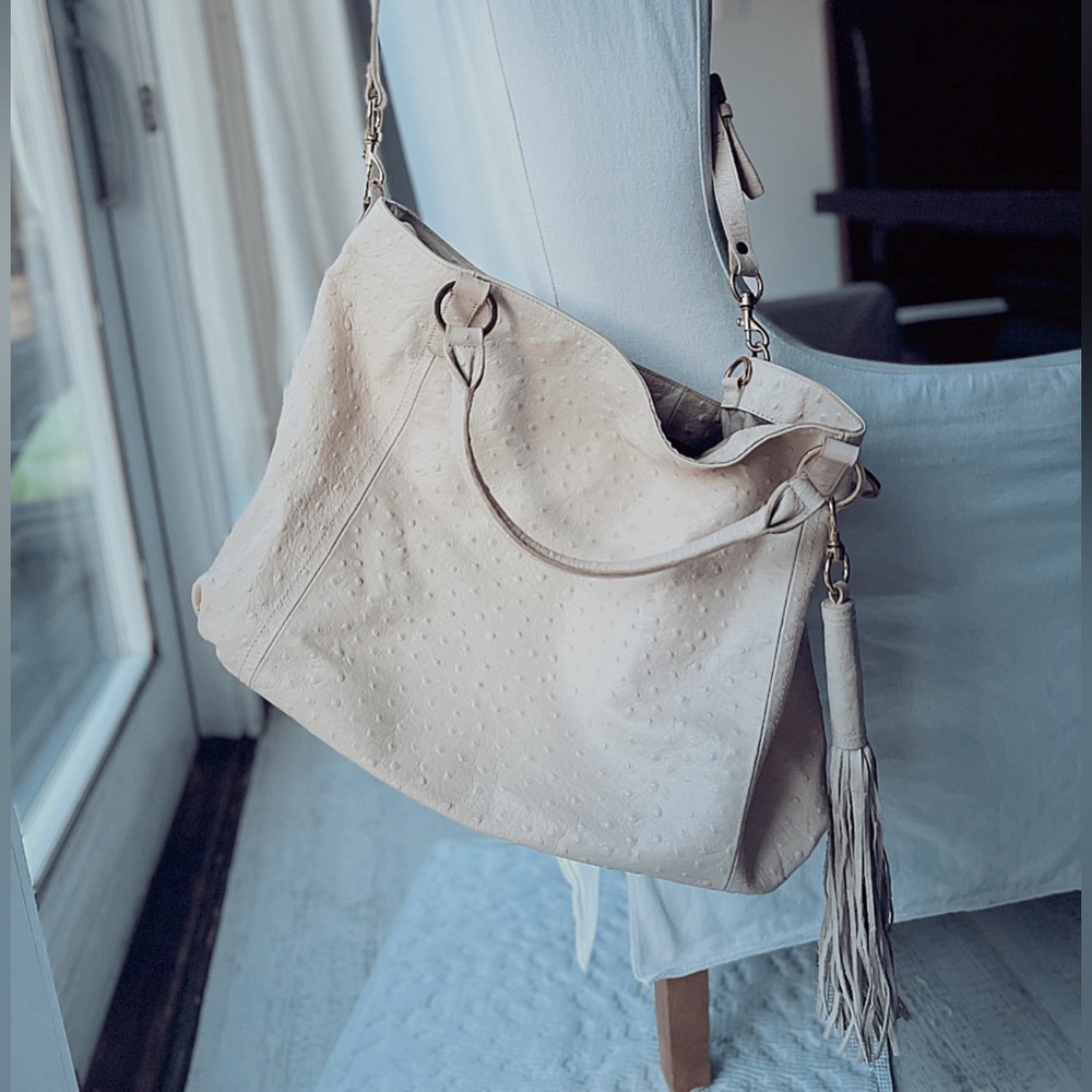 LARGE AUTHENTIC CRÈME COLORED LEATHER OSTRICH BAG - Picture 9 of 16